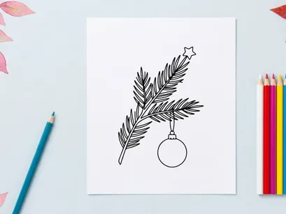 Christmas tree branch with hanging bauble ornament and star line art drawing