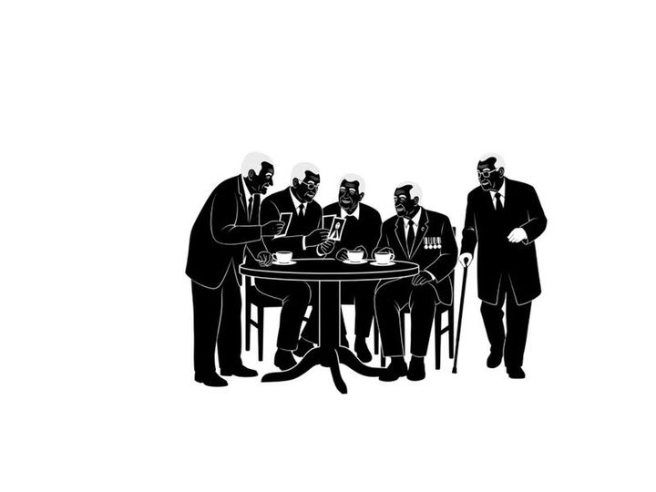Silhouette of five men in suits gathered around a table with a sixth standing