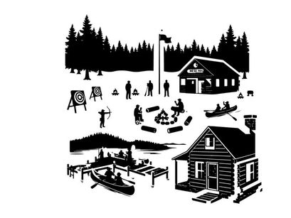 Winter camp silhouette scene with people and buildings