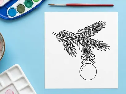 Christmas tree branch with hanging bauble ornament, hand drawn festive line art illustration.