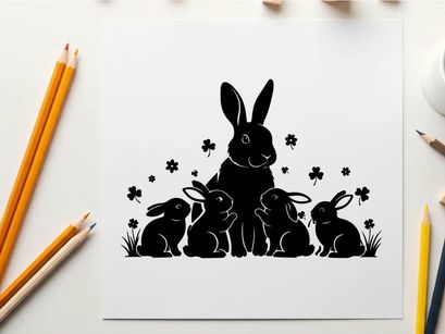 Silhouette of a large rabbit with three smaller bunnies