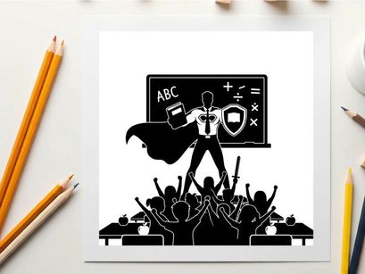 Silhouette of a heroic teacher standing in front of a classroom