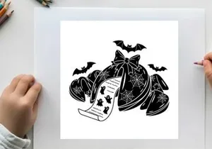 Halloween silhouette of witch hat with bats and scroll