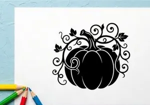 Silhouette of a pumpkin with swirling vine patterns for autumn decor