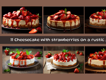 Cheesecake with strawberries on a rustic plate preview picture