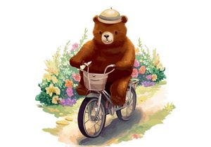 Bear riding a bike in floral countryside road, isolated in white background.