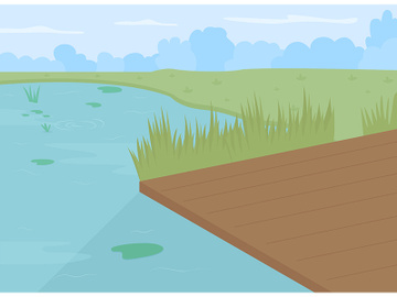 Pond with dock flat color vector illustration preview picture