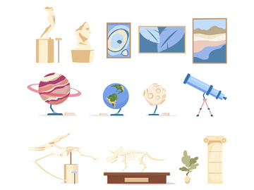 Museum exhibits flat color vector objects set preview picture