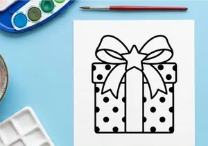 Polka dot gift box icon with a star ribbon bow for Christmas and holiday celebration design.