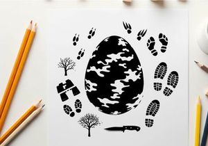 Silhouette of camouflage egg with footprints and outdoor objects