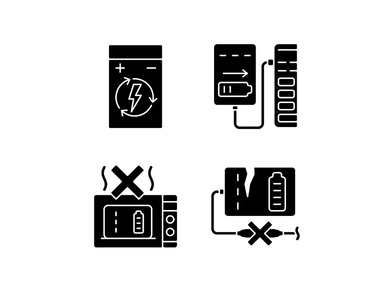 Effective portable charger use black glyph manual label icons set on white space