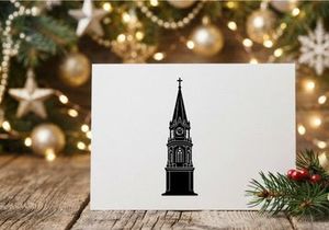 Black silhouette of a church tower with a clock and cross on a white background
