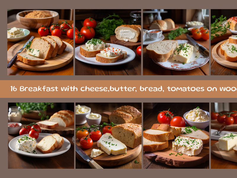 Breakfast with cheese,butter, bread, tomatoes on wooden table