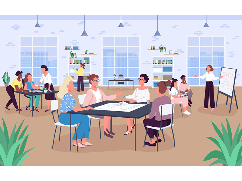 Open office space flat color vector illustration