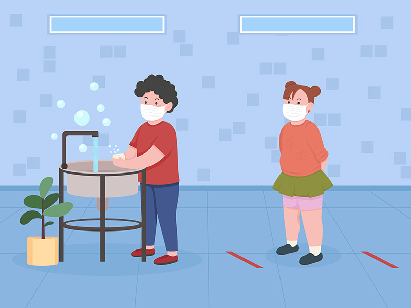 Children in bathroom with social distance flat color vector illustration