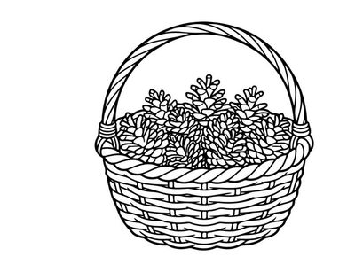 Line art illustration of a wicker basket filled with pine cones