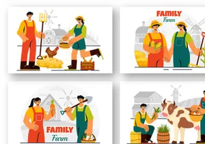 9 Family Working on a Farm Illustration