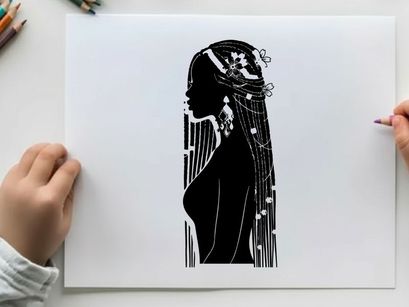 Silhouette of a woman with long hair and ornaments