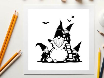 Three gnomes building a snowman silhouette in winter wonderland scene