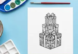 Christmas gift box stack with decorative bows, hand drawn line art illustration.