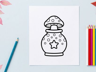 Cute cartoon mushroom jar with star design for Halloween. Whimsical autumn-themed container featuring polka dots and festive decorations.