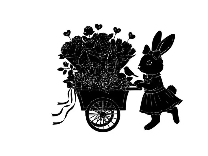 Silhouette of a rabbit pushing a flower cart with bouquet