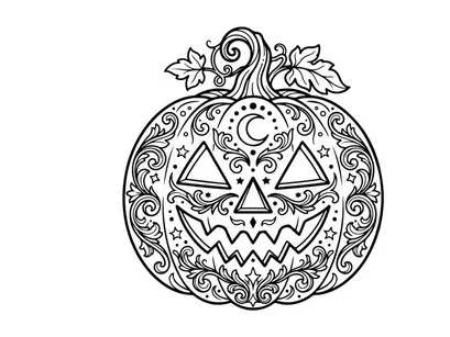 Hand-drawn Halloween pumpkin illustration with spooky face design. Intricate black and white sketch of jack-o'-lantern with floral swirls for seaso...