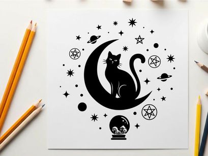 Mystic black cat silhouette on crescent moon with stars