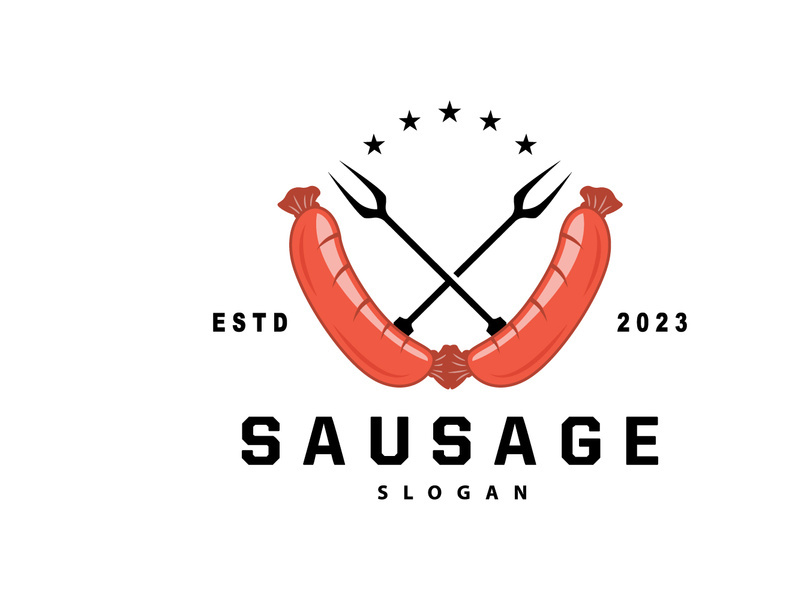 Sausage Logo, Vector Meat Fork and the Sausage Food, Restaurant Inspiration Design, Vintage Retro Rustic