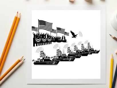 American patriotic silhouette of navy ships and flags