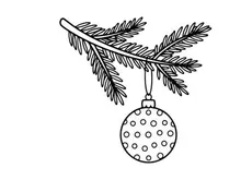 Christmas bauble hanging on a pine tree branch, hand drawn festive holiday line art.