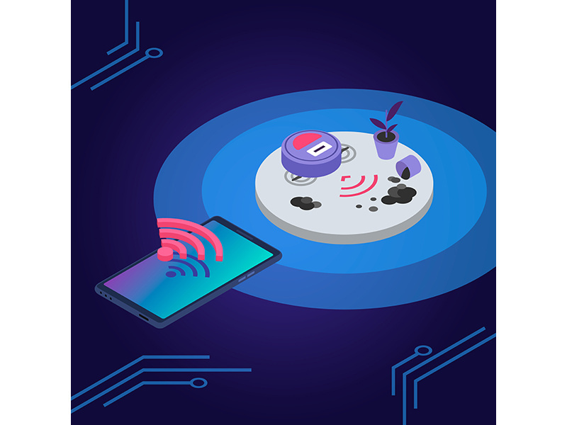 Robotic vacuum cleaner remote control isometric color vector illustration