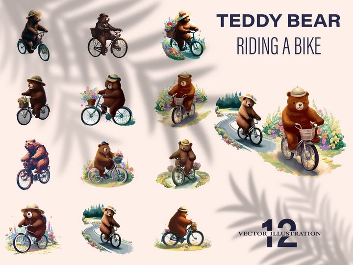 Bear riding a bike in floral countryside road, isolated in white background.