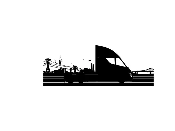 Silhouette of a futuristic vehicle driving past a city skyline