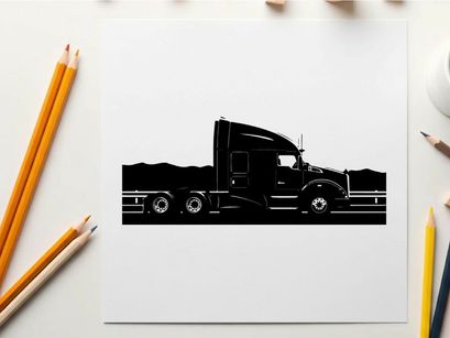 Silhouette of a large truck driving on the highway at sunset silhouette