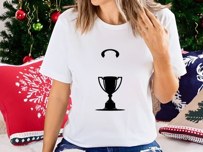 A trophy cup with a headset floating above it in a simple black silhouette graphic design