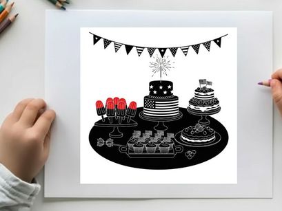 Silhouette of a festive dessert table with cakes and cupcakes silhouette