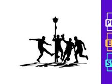 Silhouette of four men playing soccer around a streetlamp on a field