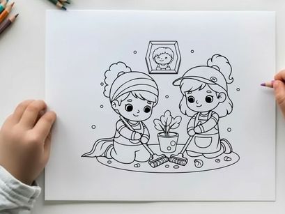 Children planting tree together flat design vector illustration