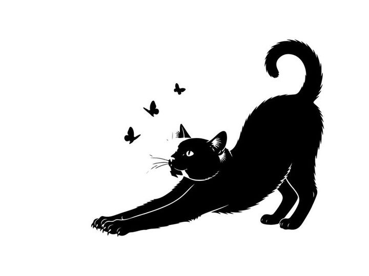 Black cat silhouette stretching towards butterflies