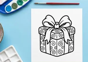 Christmas gift box with ribbon bow, black and white line art vector illustration.