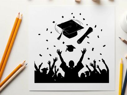 Graduation celebration silhouette with confetti and academic hats