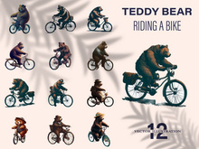 Vintage Bear riding a bike in floral countryside road, isolated in white background.