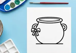 Halloween cauldron icon with a bow. Witch pot line art for holiday design projects.