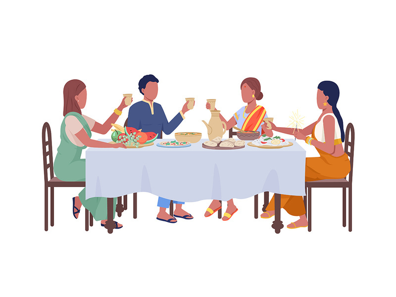 Fiends at festive dinner semi flat color vector characters