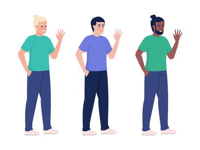 Smiling men waving hands semi flat color vector character set