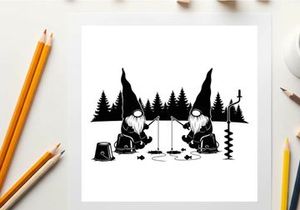 Two gnomes ice fishing in silhouette with trees and equipment