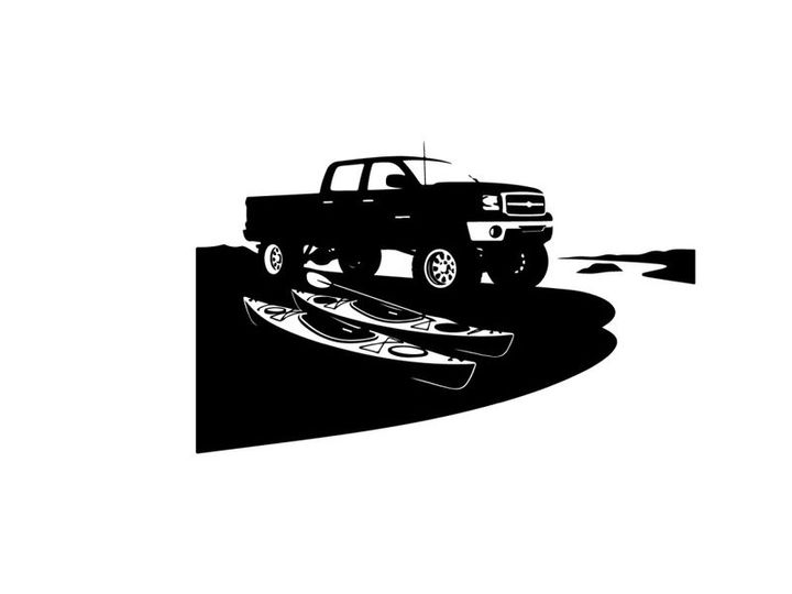 Silhouette of a pickup truck with a canoe on a trailer