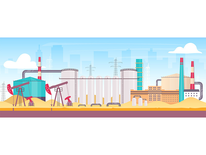 Oil rig near city flat color vector illustration