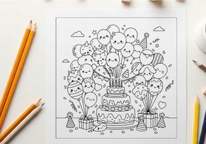 Birthday celebration with balloons and cake vector illustration